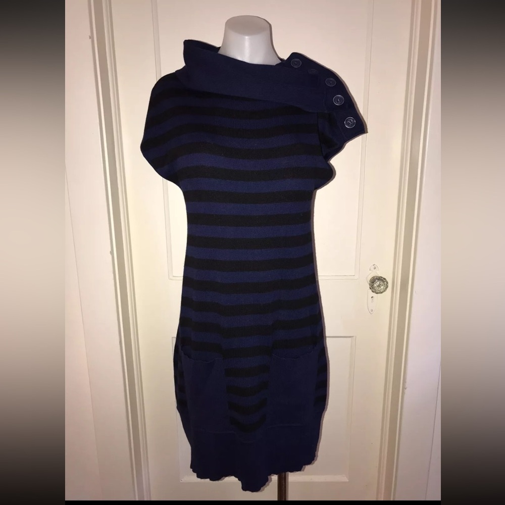 Catherine Malandrino Blue Black Striped Sweater Dress Size Small Cotton Cashmere